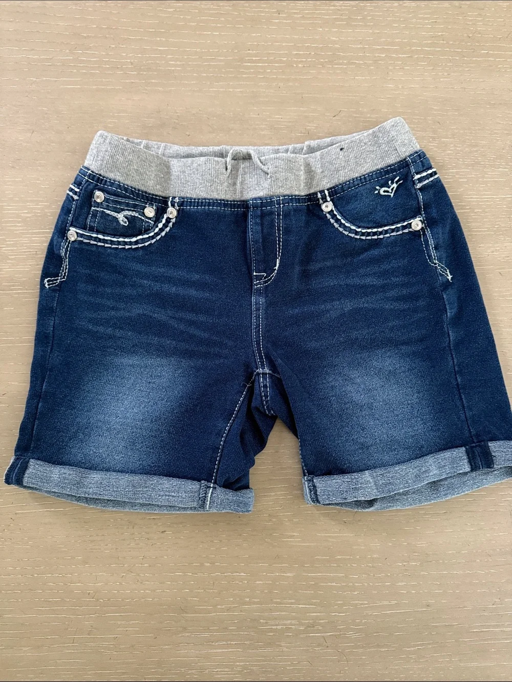 Dark Wash Denim Shorts with Grey Knit Waistband Justice 14 girls stretch pull up